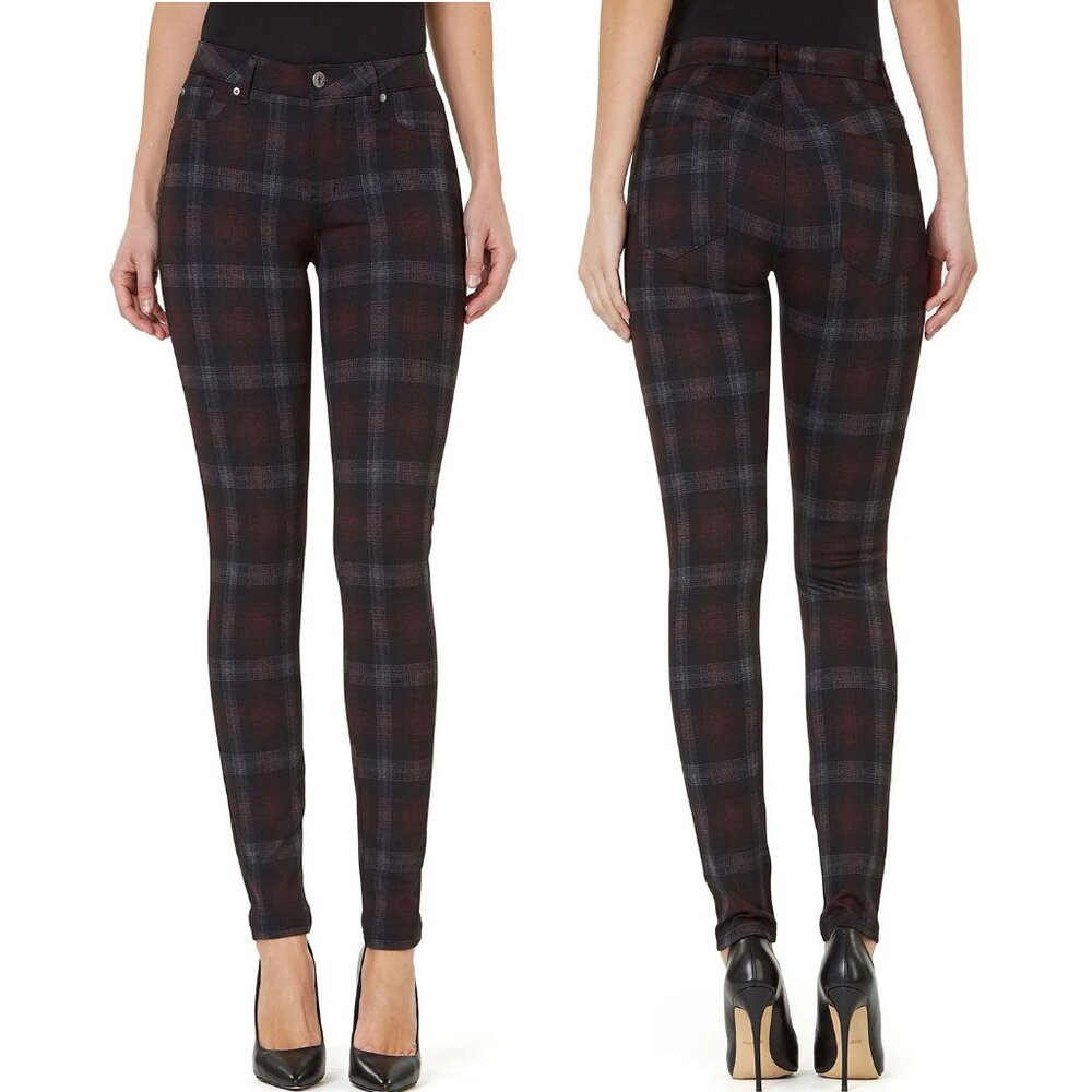 NWOT Numero Ponte Knit Mid Rise Plaid Skinny Jeans 27 Black Burgundy Gray